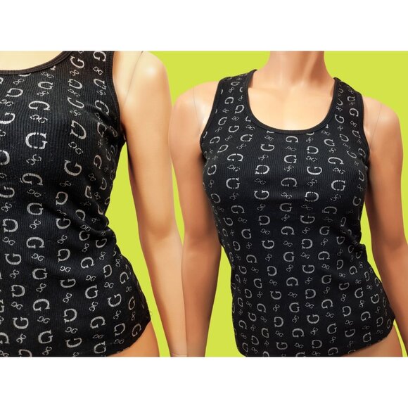 Y2K Guess Jeans black Ribbed Tank Top size S Silver Glitter Logo Monogram Print - Picture 2 of 6